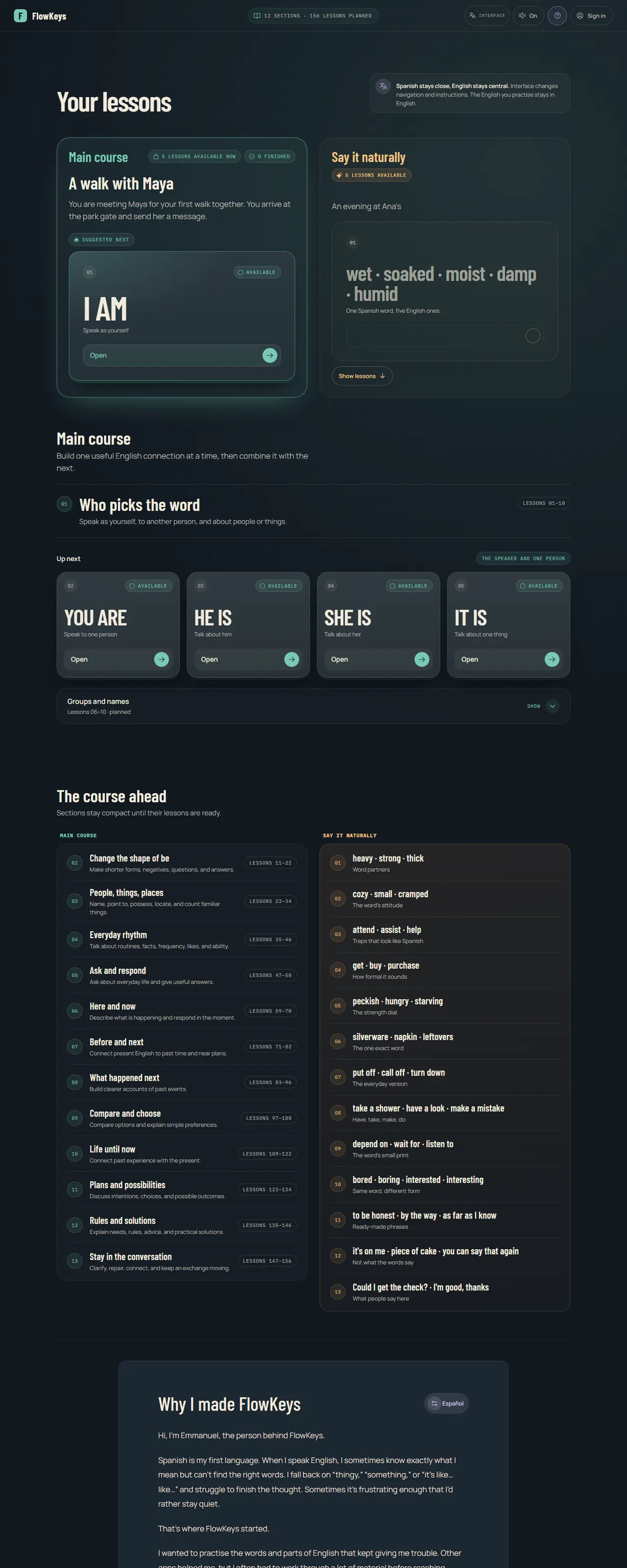 The FlowKeys site, full length: the lesson dashboard, the course ahead, and the story of why it was made
