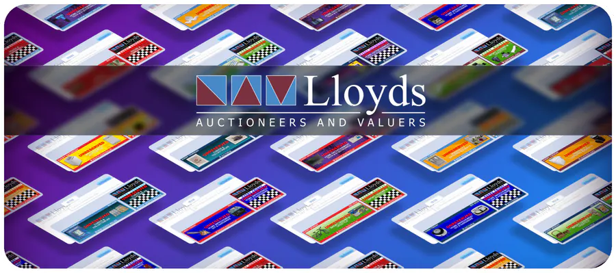 Dozens of generated Lloyds Auctions listing designs, laid out in a single grid