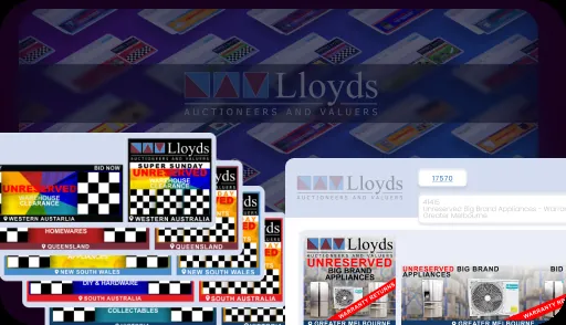 Auction listing designs generated by the print automation plugin, over the Lloyds Auctions mark